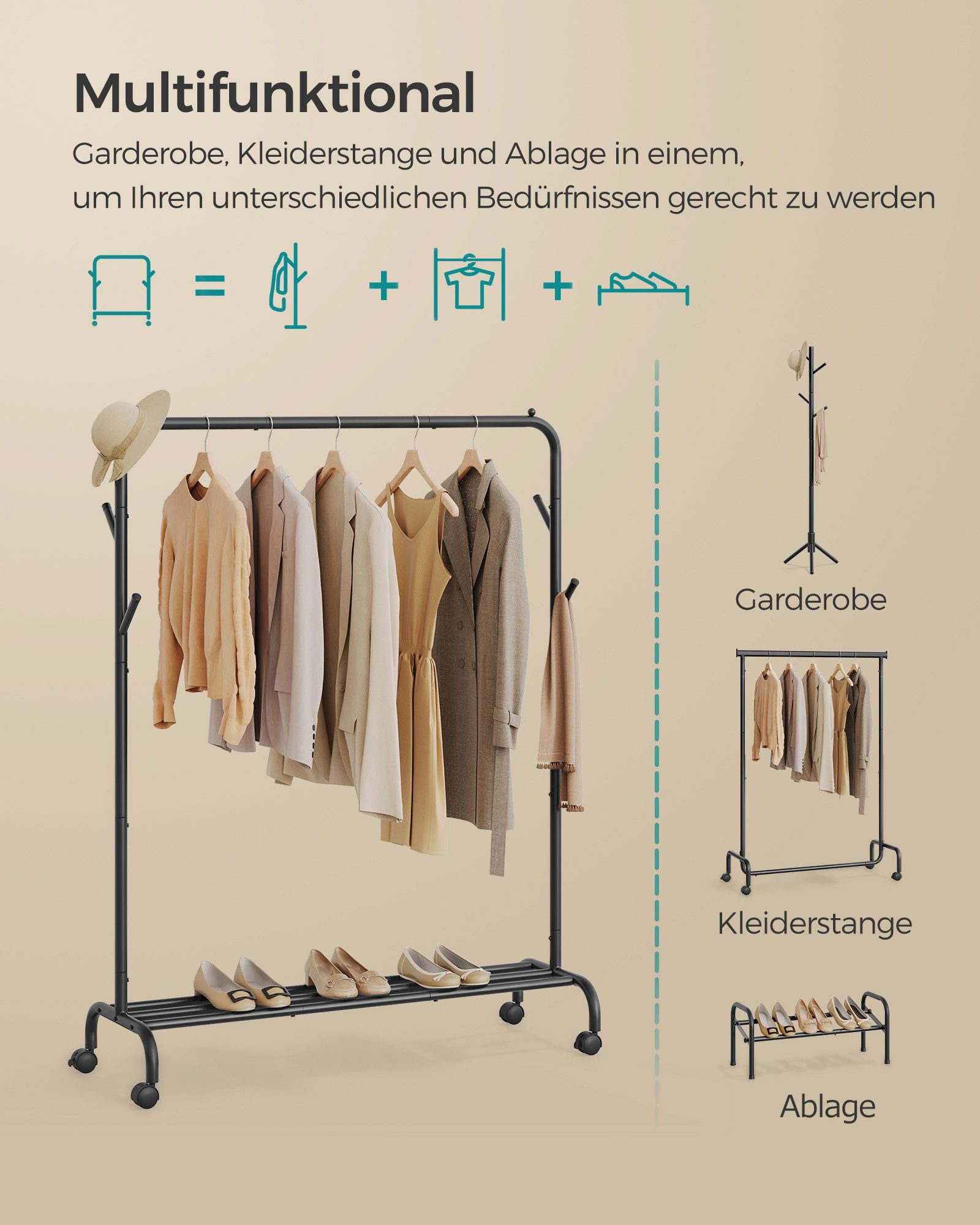 Klädställ på hjul 103,5 cm brett bläck