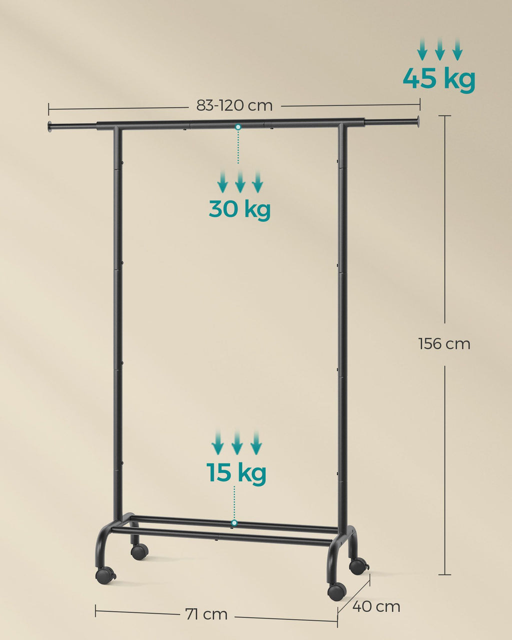 Klädställ på hjul med en lastkapacitet på upp till 45 kg, bläck svart