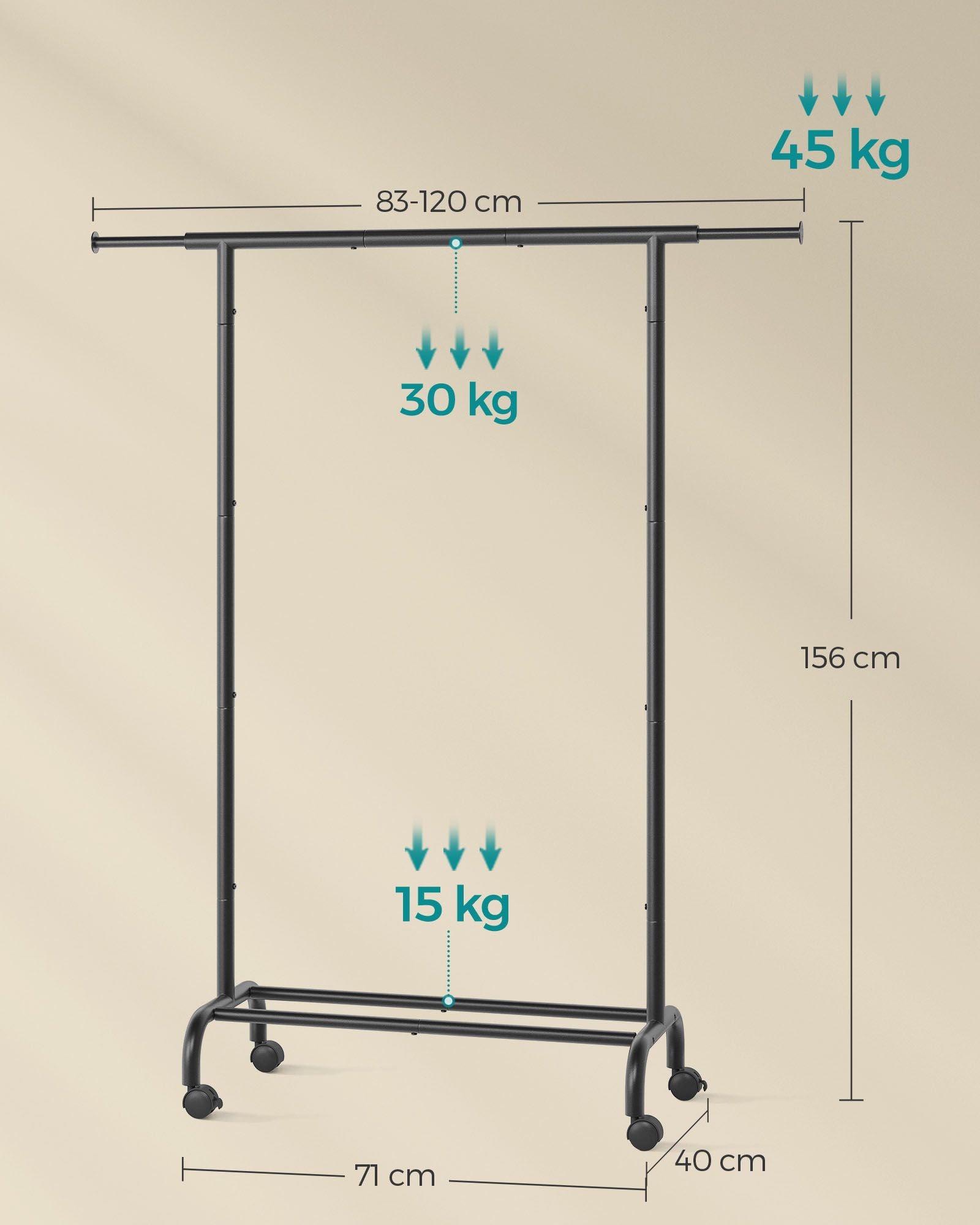 Klädställ på hjul med en lastkapacitet på upp till 45 kg, bläck svart