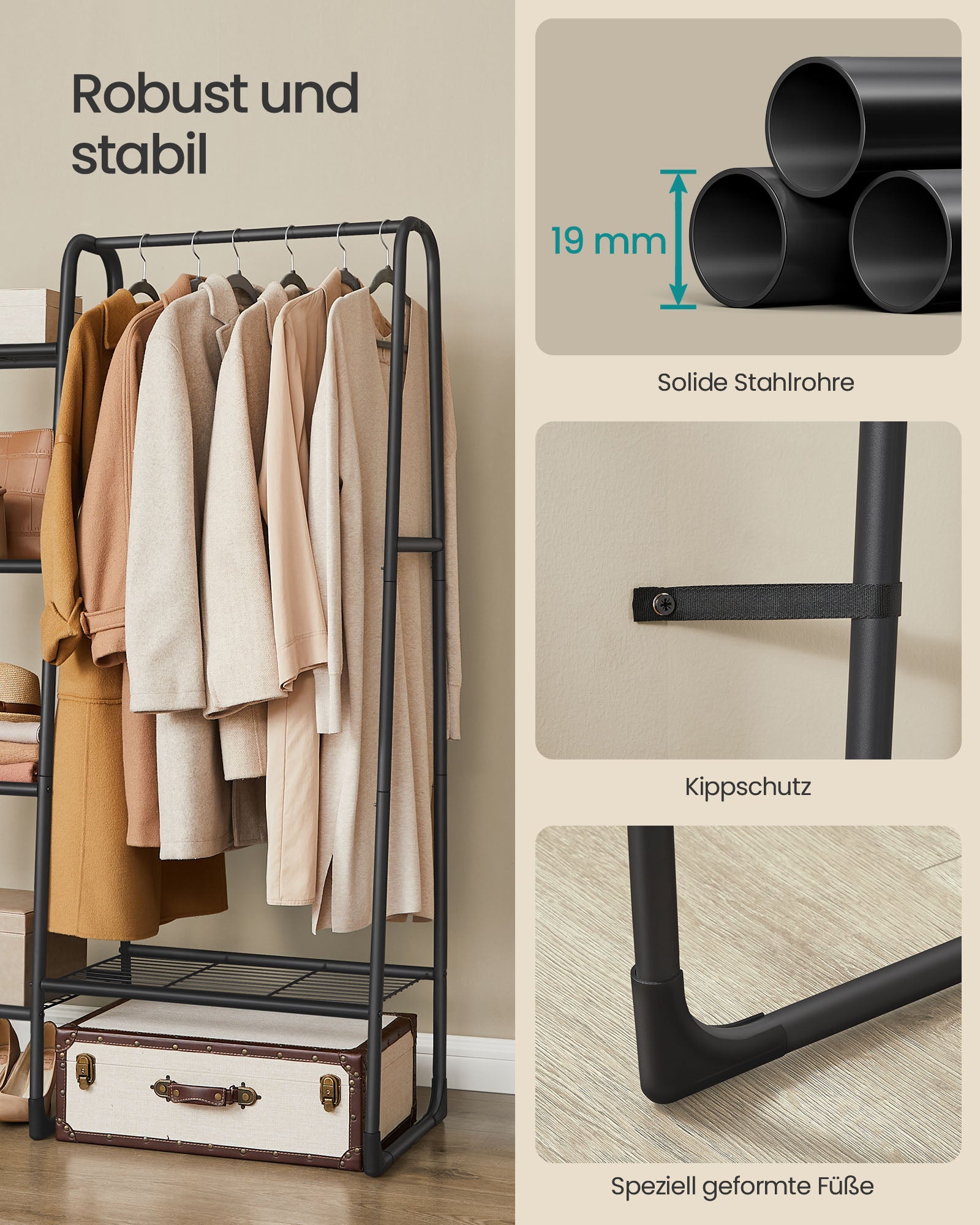 Klädställ med 5 hyllor och stålram bläck