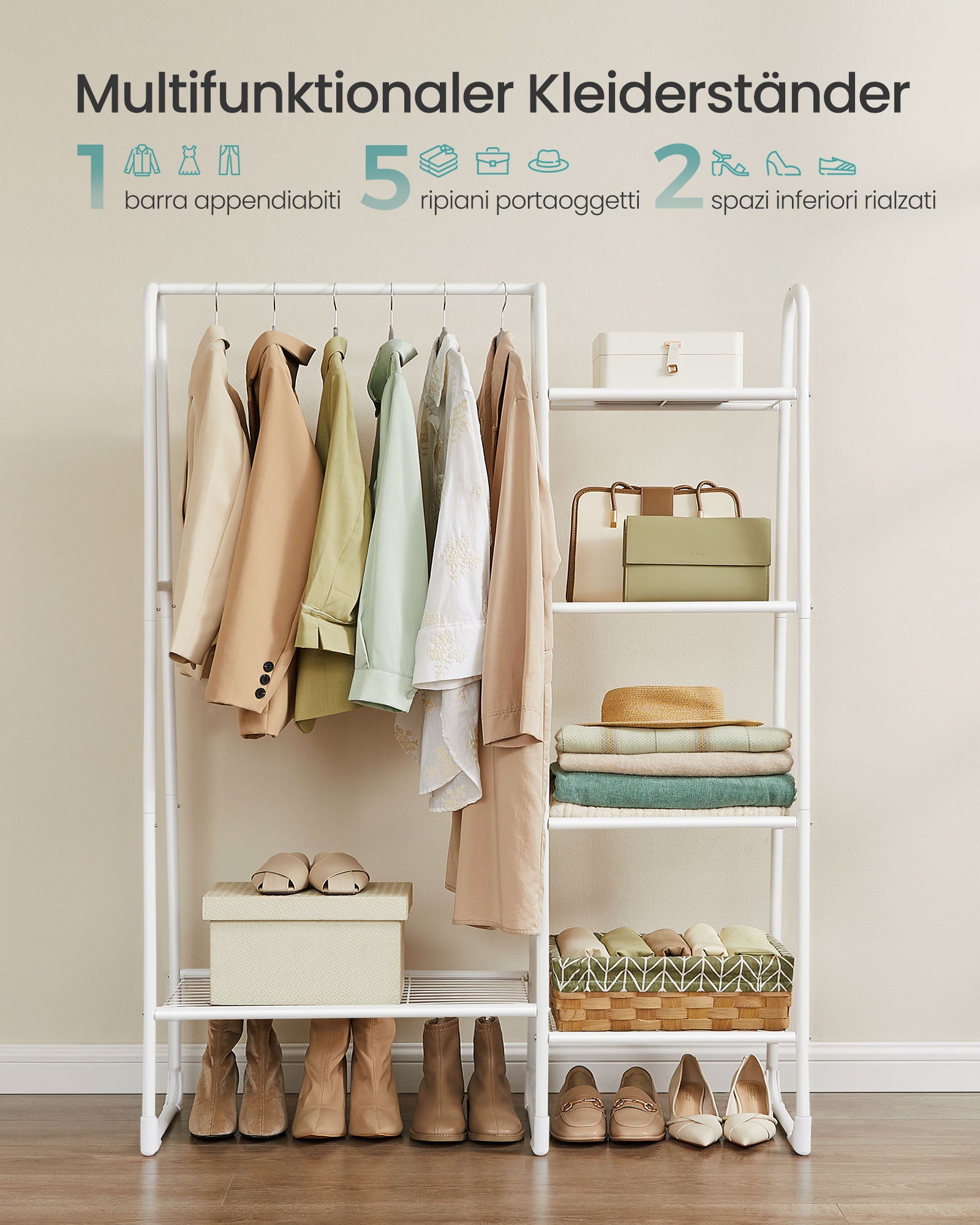 Klädställ med 5 hyllor och stålram ullwit