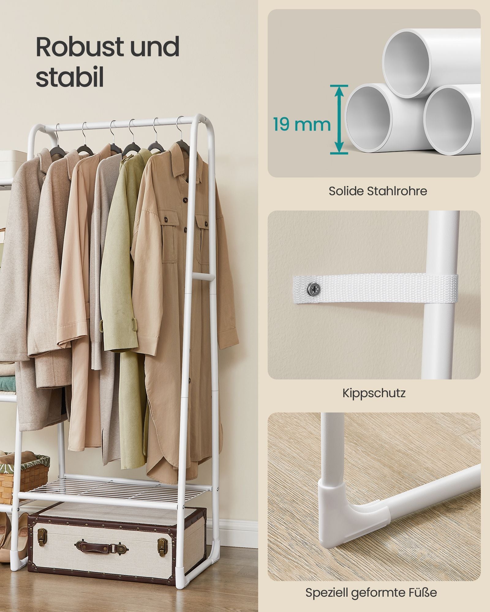 Klädställ med 5 hyllor och stålram ullwit