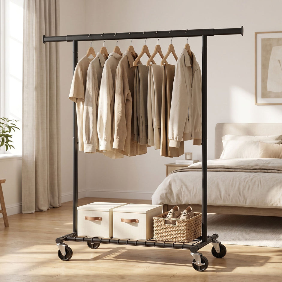 Kledingrek op Wieltjes – Uitschuifbaar 92-132 cm – Met Onderplank – Tot 180 kg – Zwart