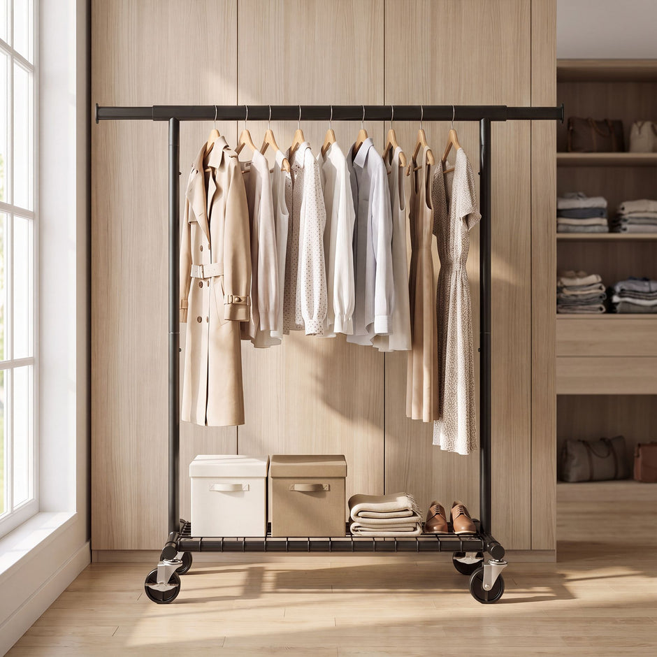 Kledingrek op Wieltjes – Uitschuifbaar 92-132 cm – Met Onderplank – Tot 180 kg – Zwart