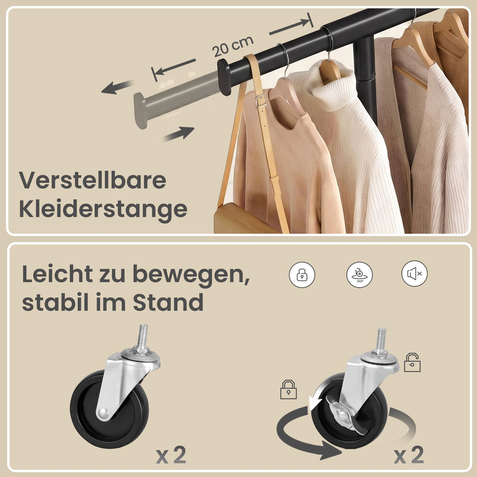 Kledingrek op Wieltjes – Uitschuifbaar 92-132 cm – Met Onderplank – Tot 180 kg – Zwart