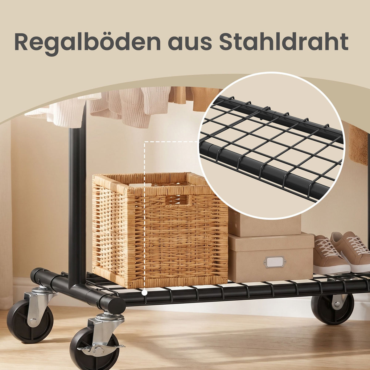 Kledingrek op Wieltjes – Uitschuifbaar 92-132 cm – Met Onderplank – Tot 180 kg – Zwart