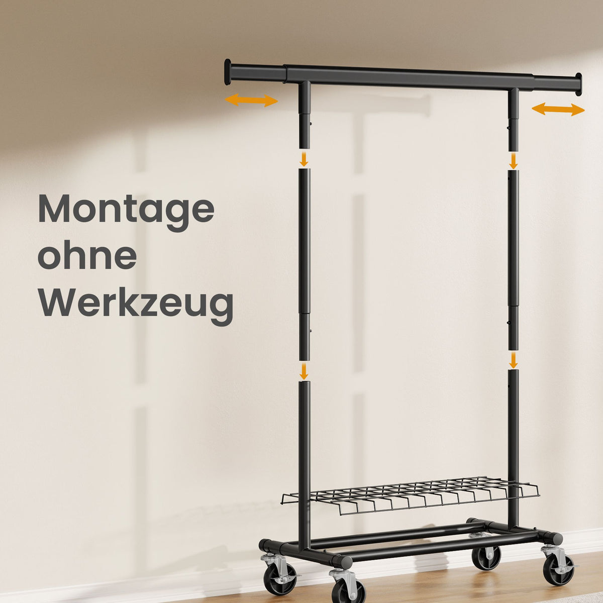 Kledingrek op Wieltjes – Uitschuifbaar 92-132 cm – Met Onderplank – Tot 180 kg – Zwart