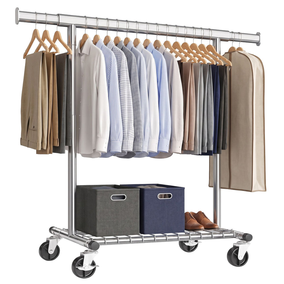 Kledingrek op Wieltjes – Uitschuifbaar 92-132 cm – Met Onderplank – Tot 180 kg – Zilver