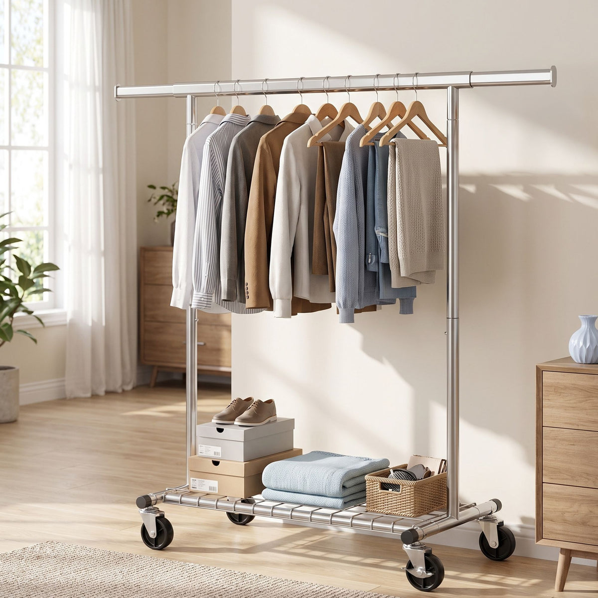 Kledingrek op Wieltjes – Uitschuifbaar 92-132 cm – Met Onderplank – Tot 180 kg – Zilver