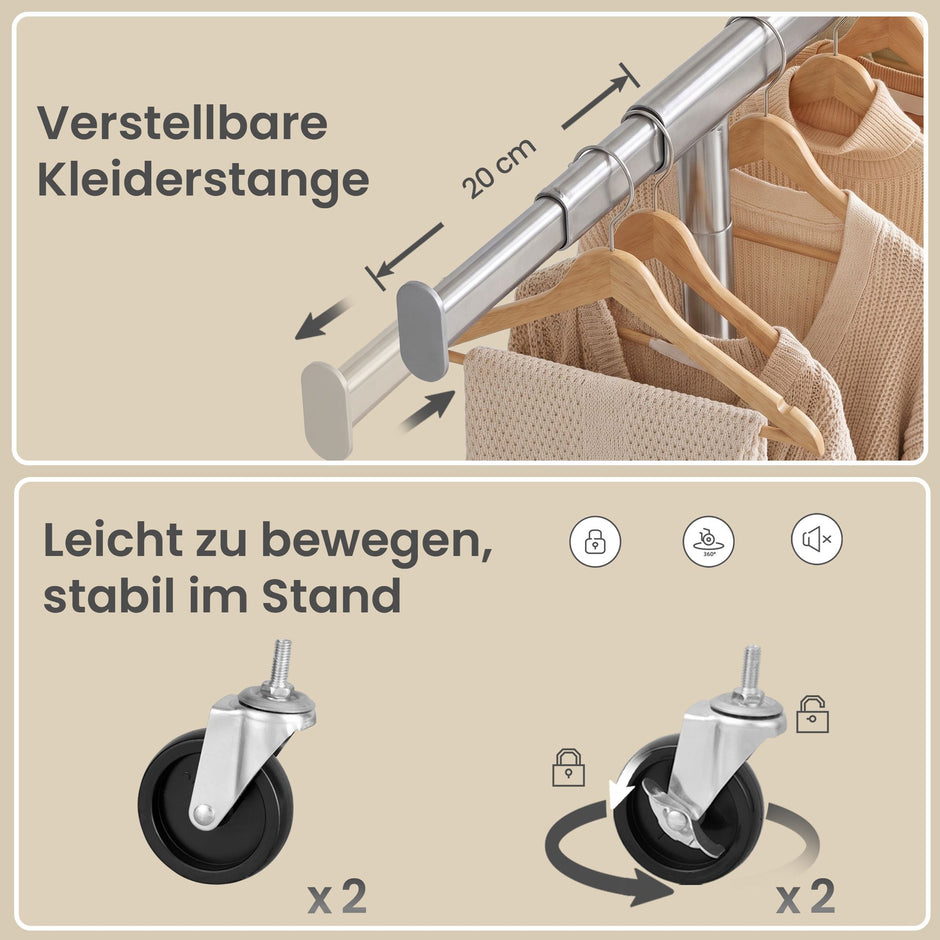 Kledingrek op Wieltjes – Uitschuifbaar 92-132 cm – Met Onderplank – Tot 180 kg – Zilver