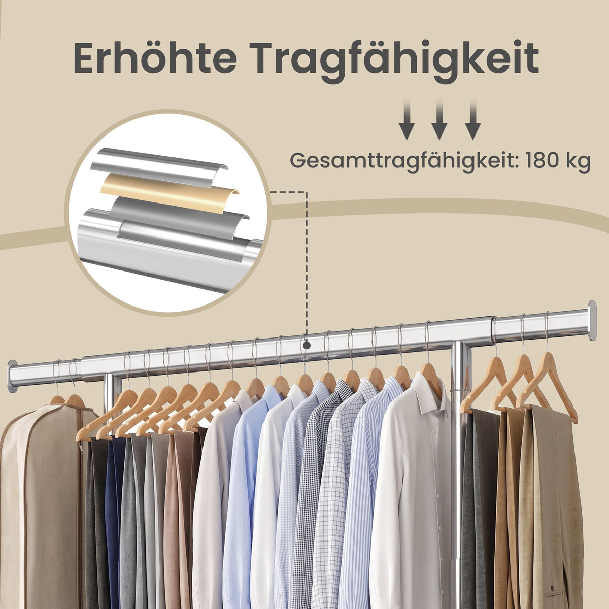 Kledingrek op Wieltjes – Uitschuifbaar 92-132 cm – Met Onderplank – Tot 180 kg – Zilver
