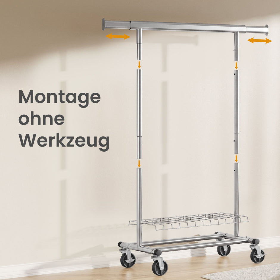 Kledingrek op Wieltjes – Uitschuifbaar 92-132 cm – Met Onderplank – Tot 180 kg – Zilver