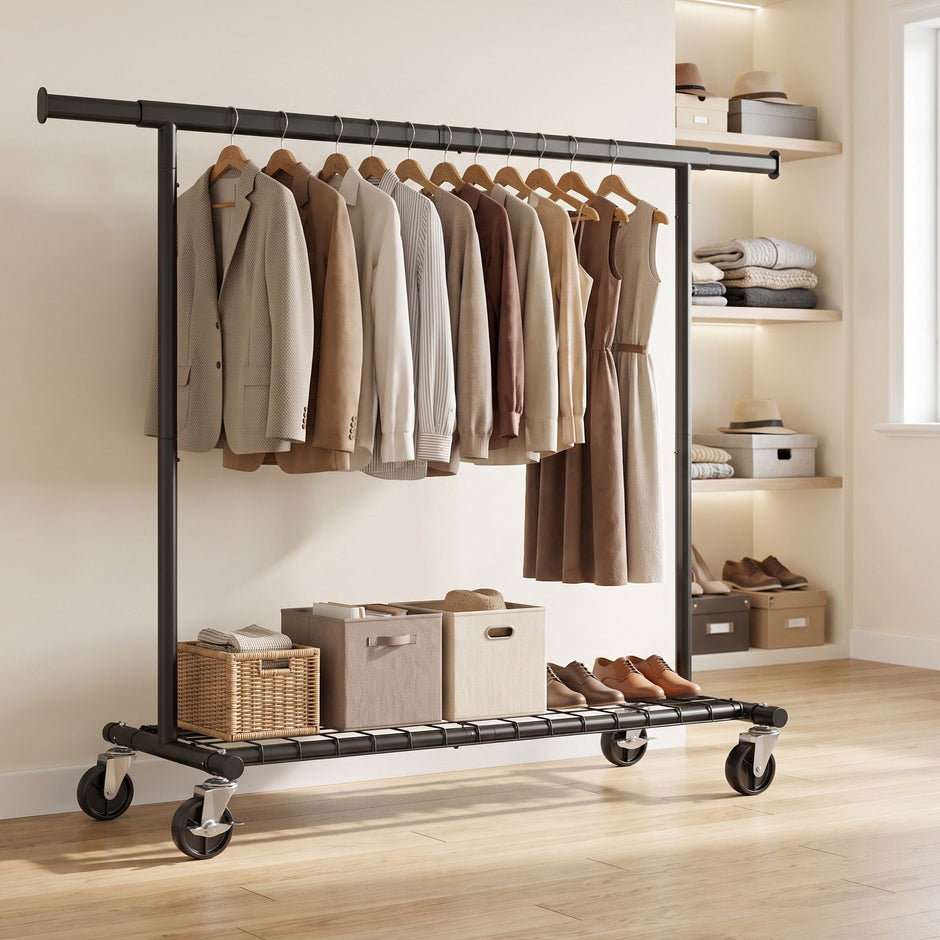 Kledingrek op Wieltjes – Uitschuifbaar 160-200 cm – Met Onderplank – Tot 180 kg – Zwart