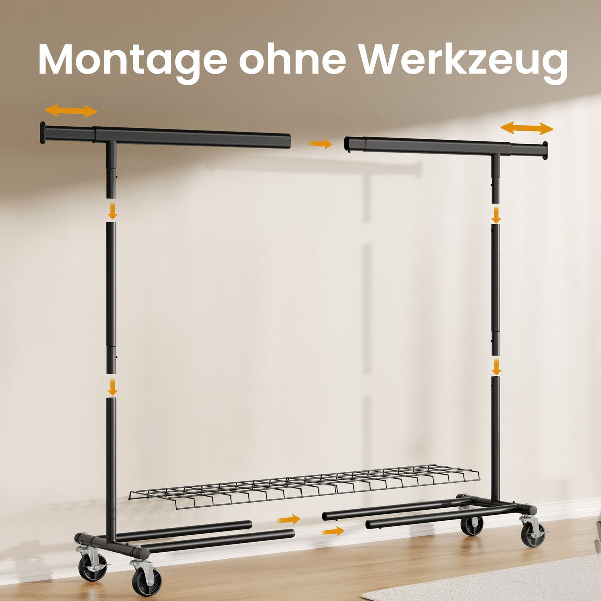 Kledingrek op Wieltjes – Uitschuifbaar 160-200 cm – Met Onderplank – Tot 180 kg – Zwart