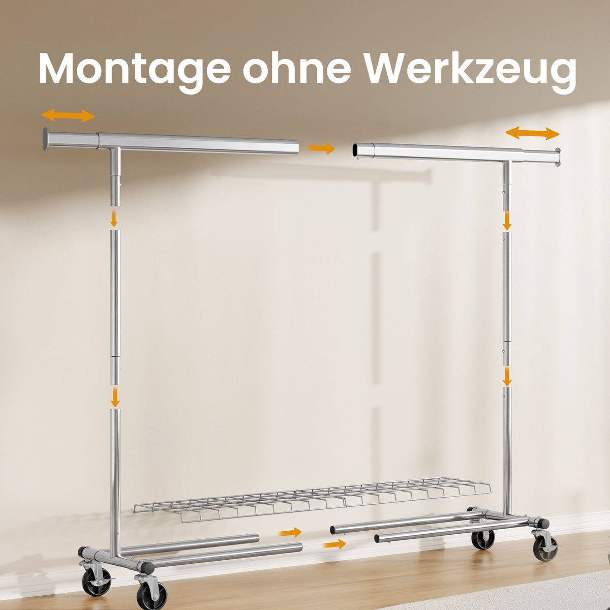 Kledingrek op Wieltjes – Uitschuifbaar 160-200 cm – Met Onderplank – Tot 180 kg – Zilver