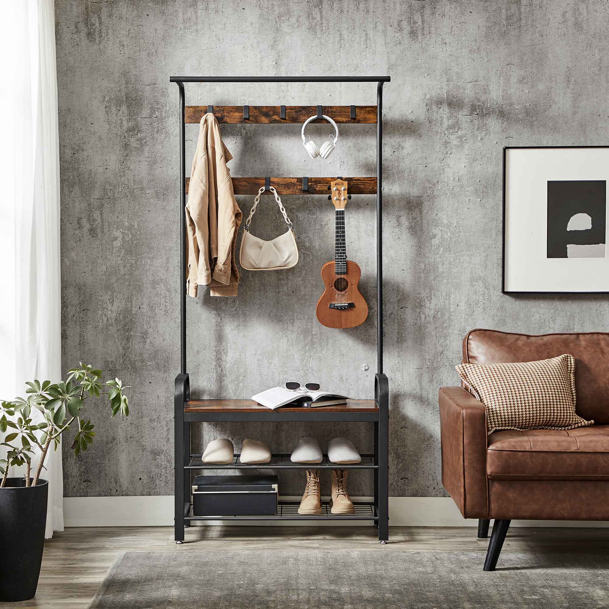 Klädhängare med bänk och 9 krokar i vintage brun-svart
