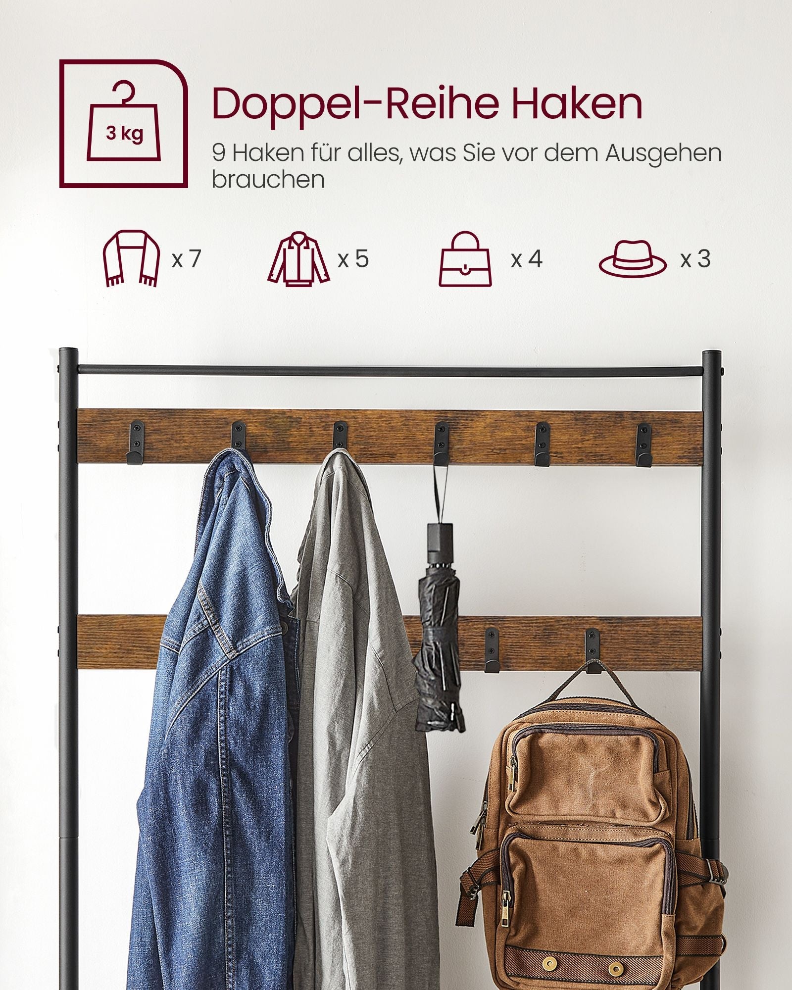Coat Rack - med soffa - Klädstativ med 9 avtagbara krokar - 2 GASE BARTER - BROWN