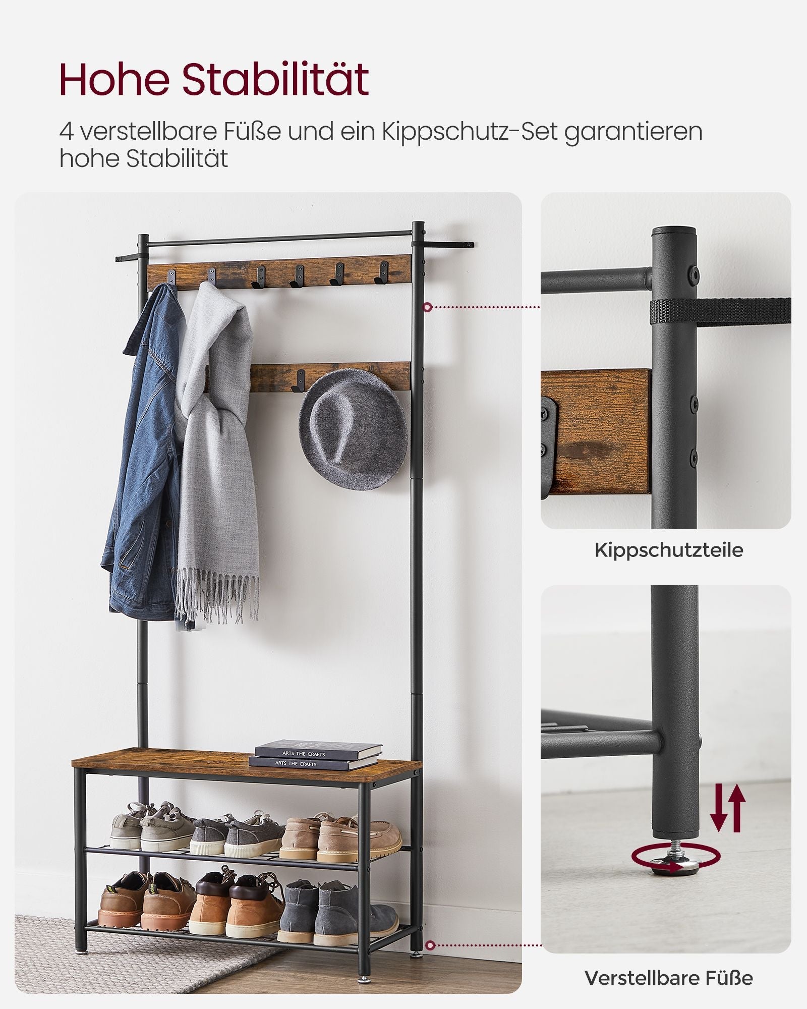 Klädhängare med bänk och 9 krokar i vintage brun-svart