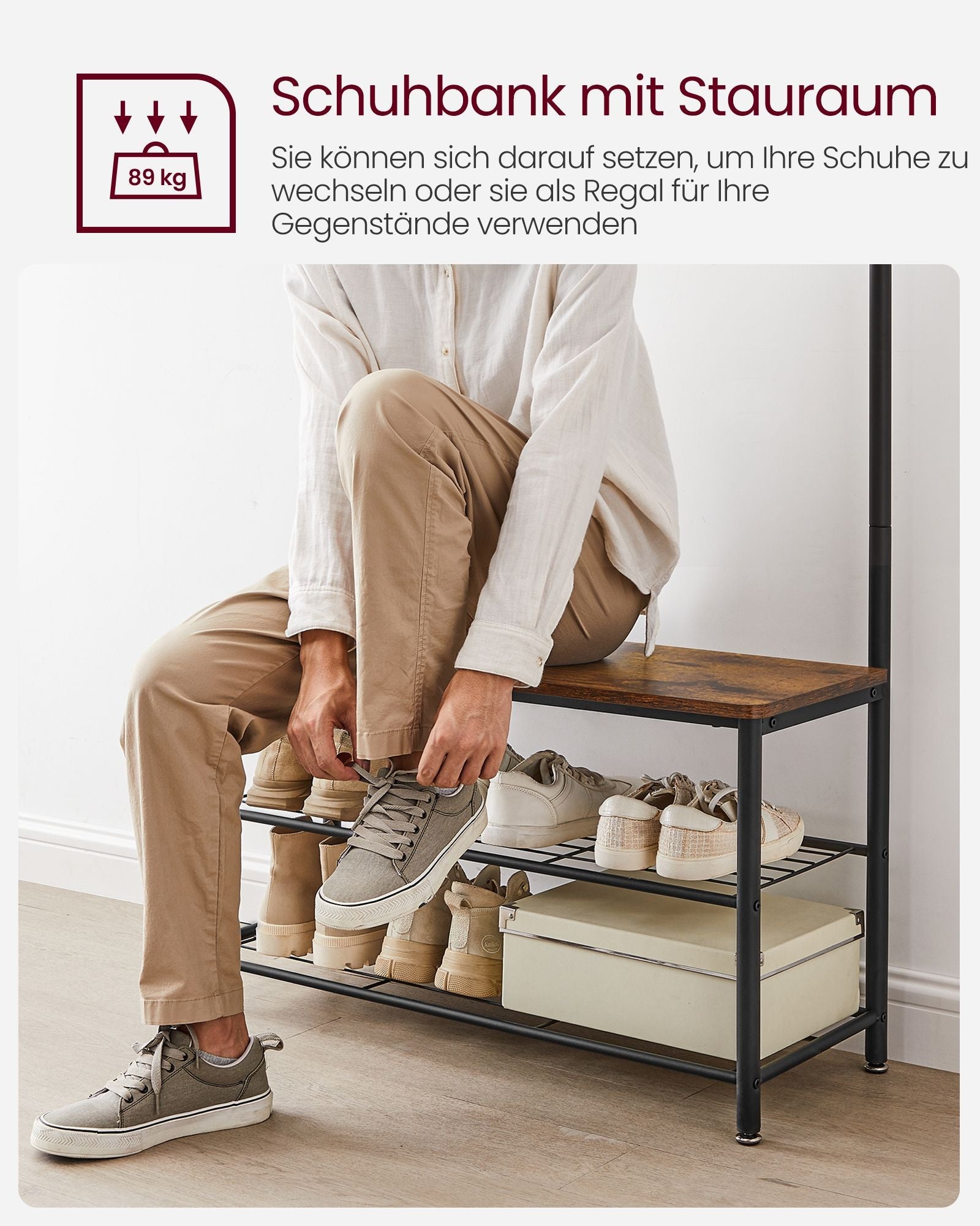 Coat Rack - med soffa - Klädstativ med 9 avtagbara krokar - 2 GASE BARTER - BROWN