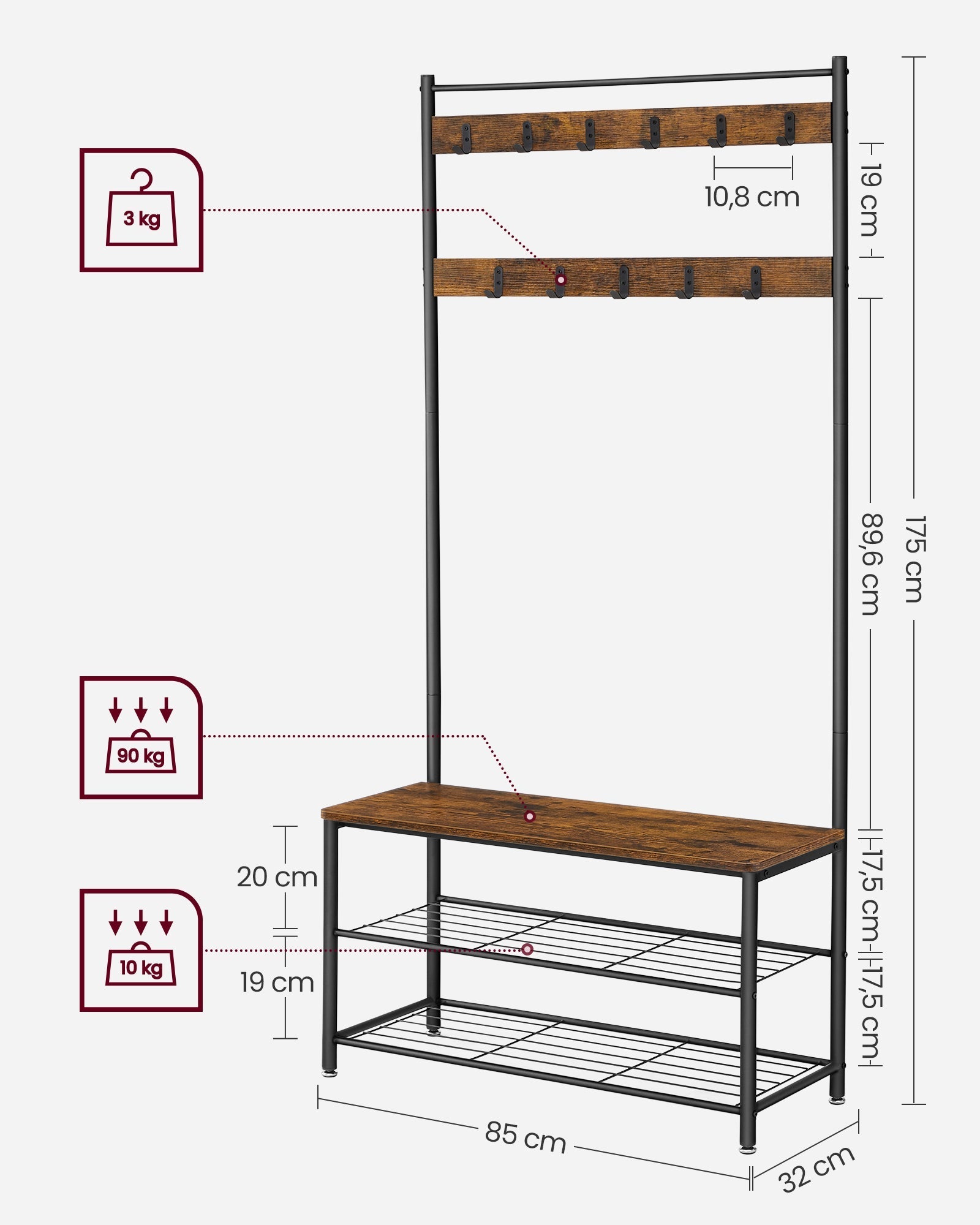 Coat Rack - med soffa - Klädstativ med 9 avtagbara krokar - 2 GASE BARTER - BROWN