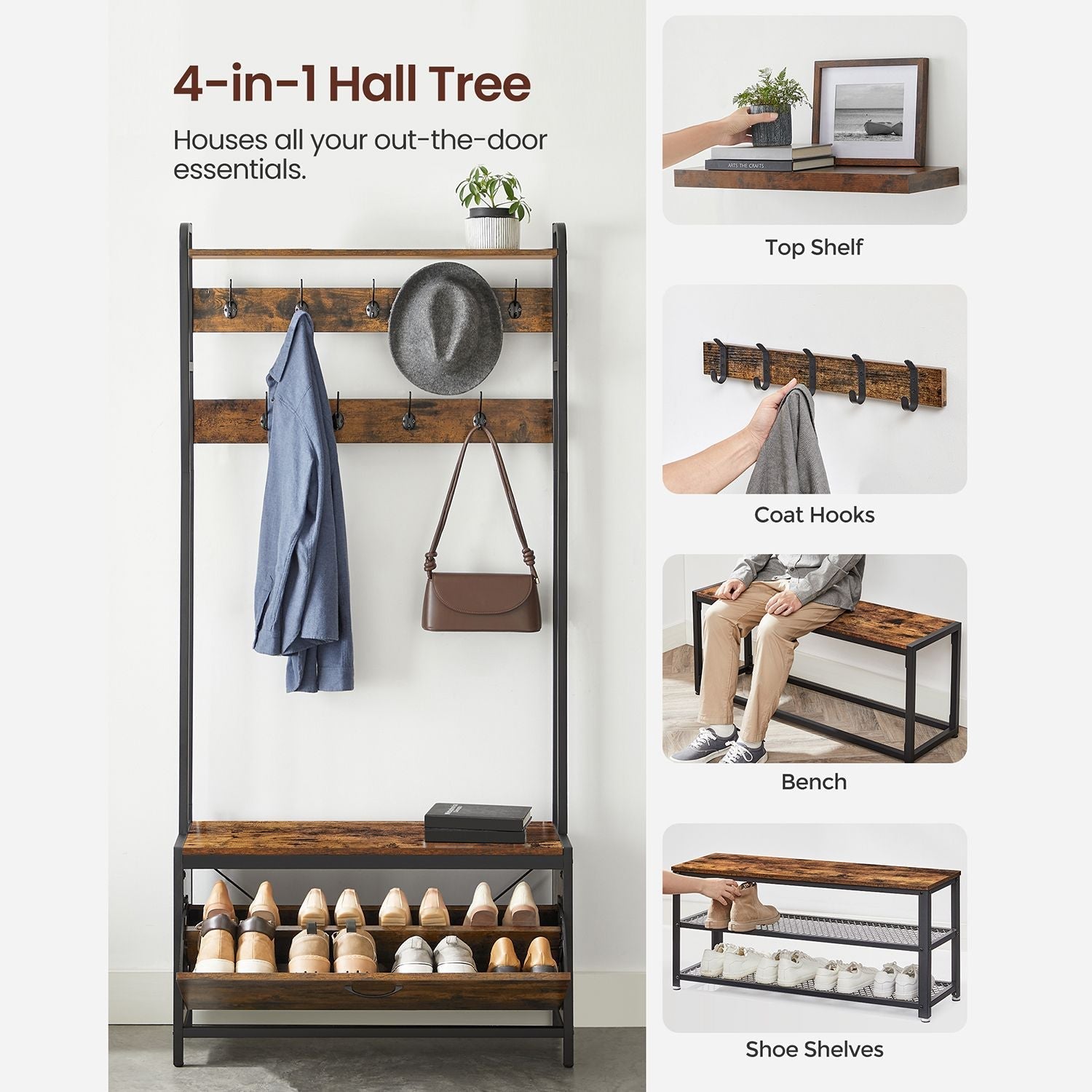 Coat Rack - Garderob med skoskåp och bänk - Klädställ - skoförvaring - Vintage Brown