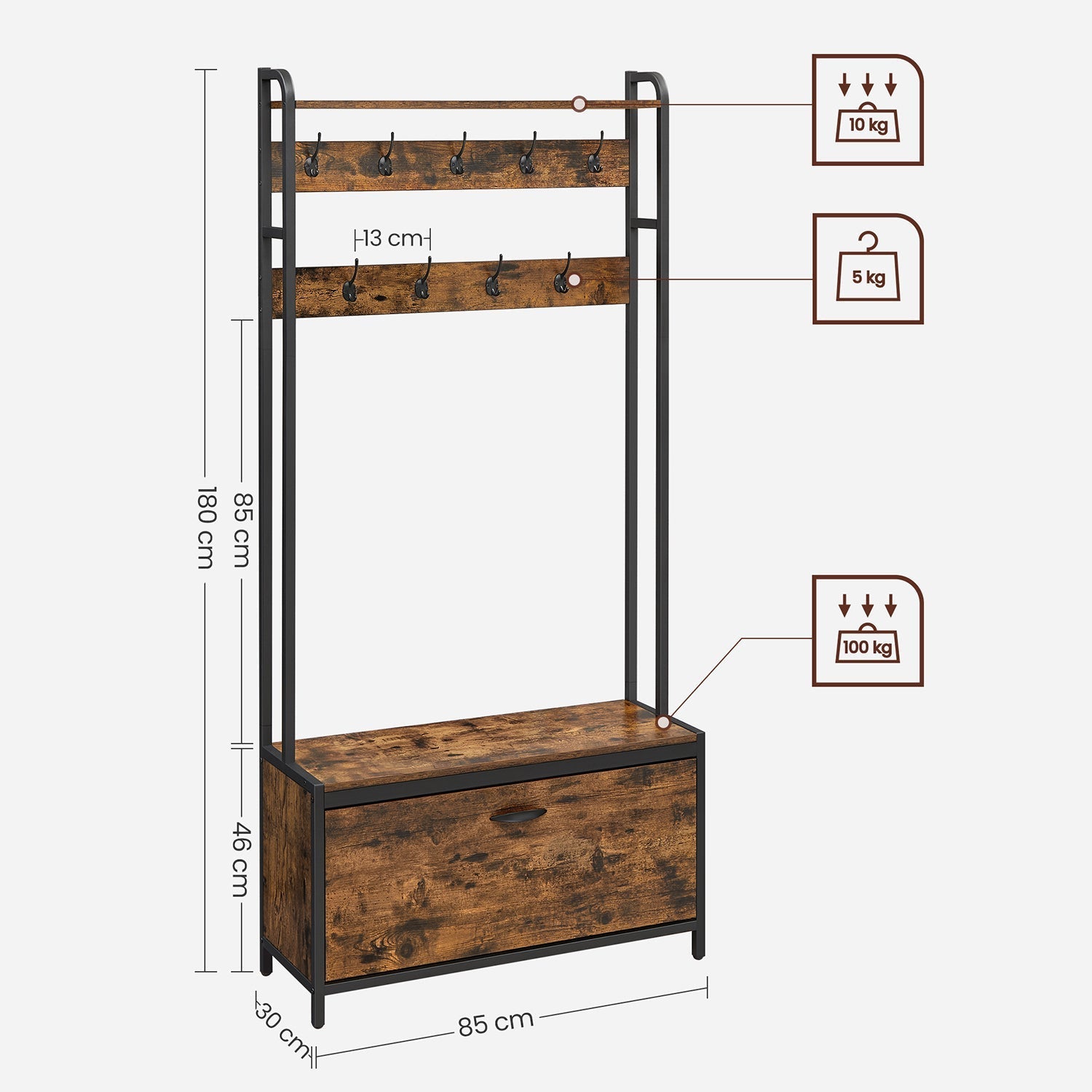 Coat Rack - Garderob med skoskåp och bänk - Klädställ - skoförvaring - Vintage Brown