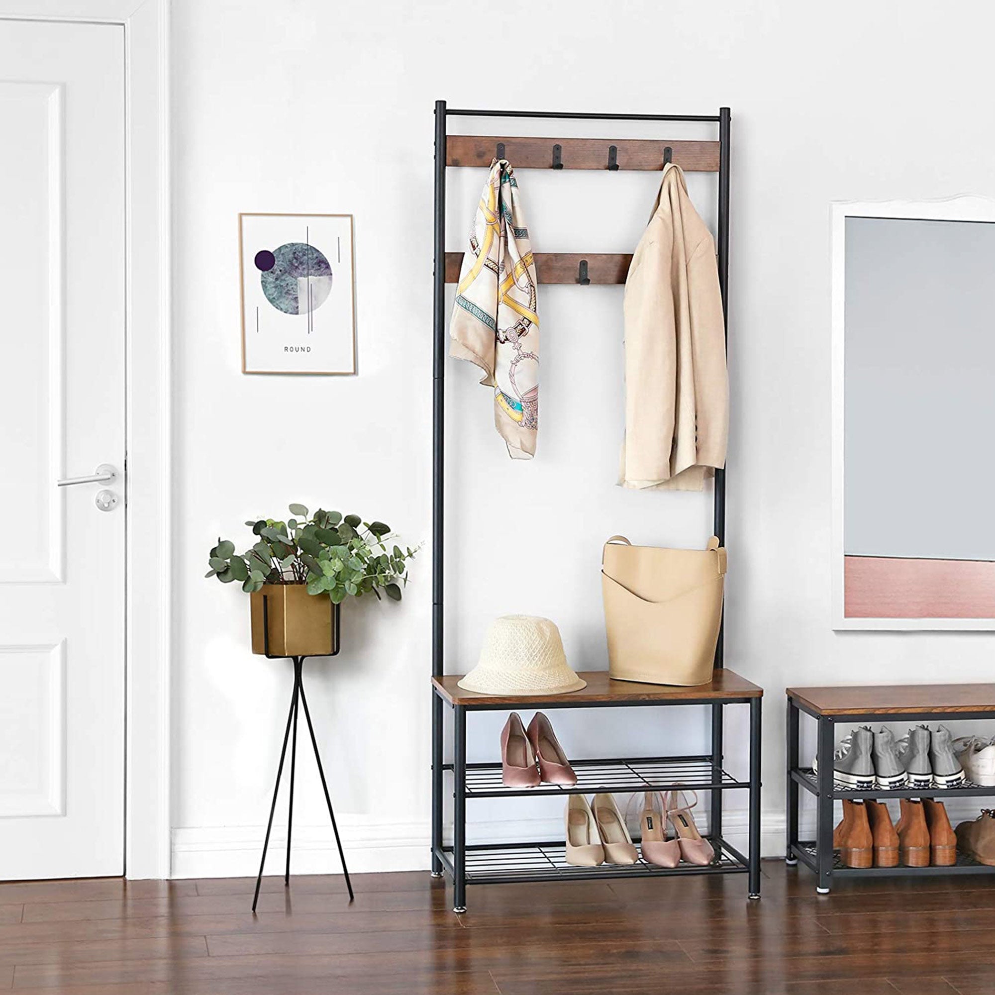 Pälsställ - sko rack med soffa - med 3 krokar - mörkbrun