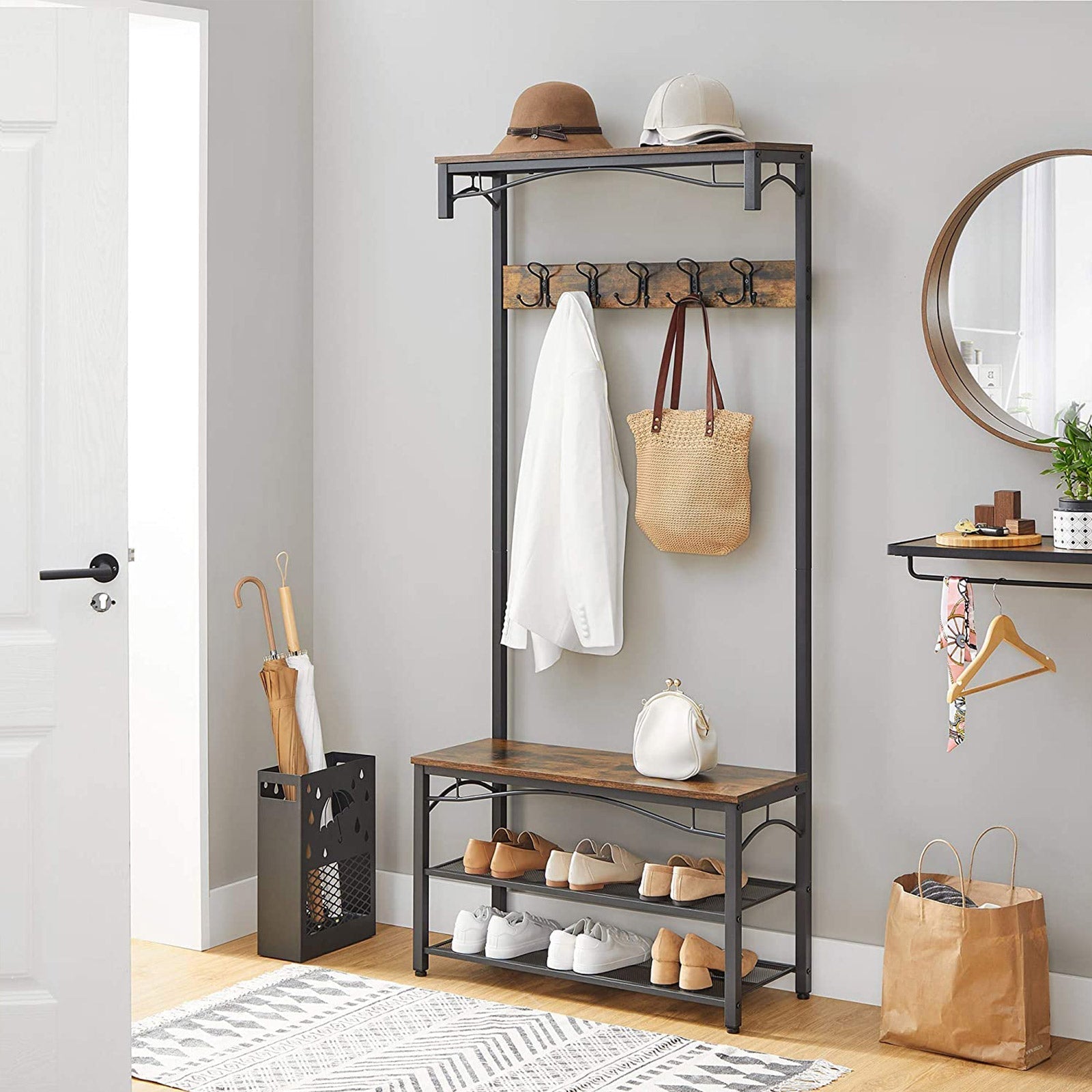 Klädhängare med sits och 5 krokar – industri – vintage brun, svart