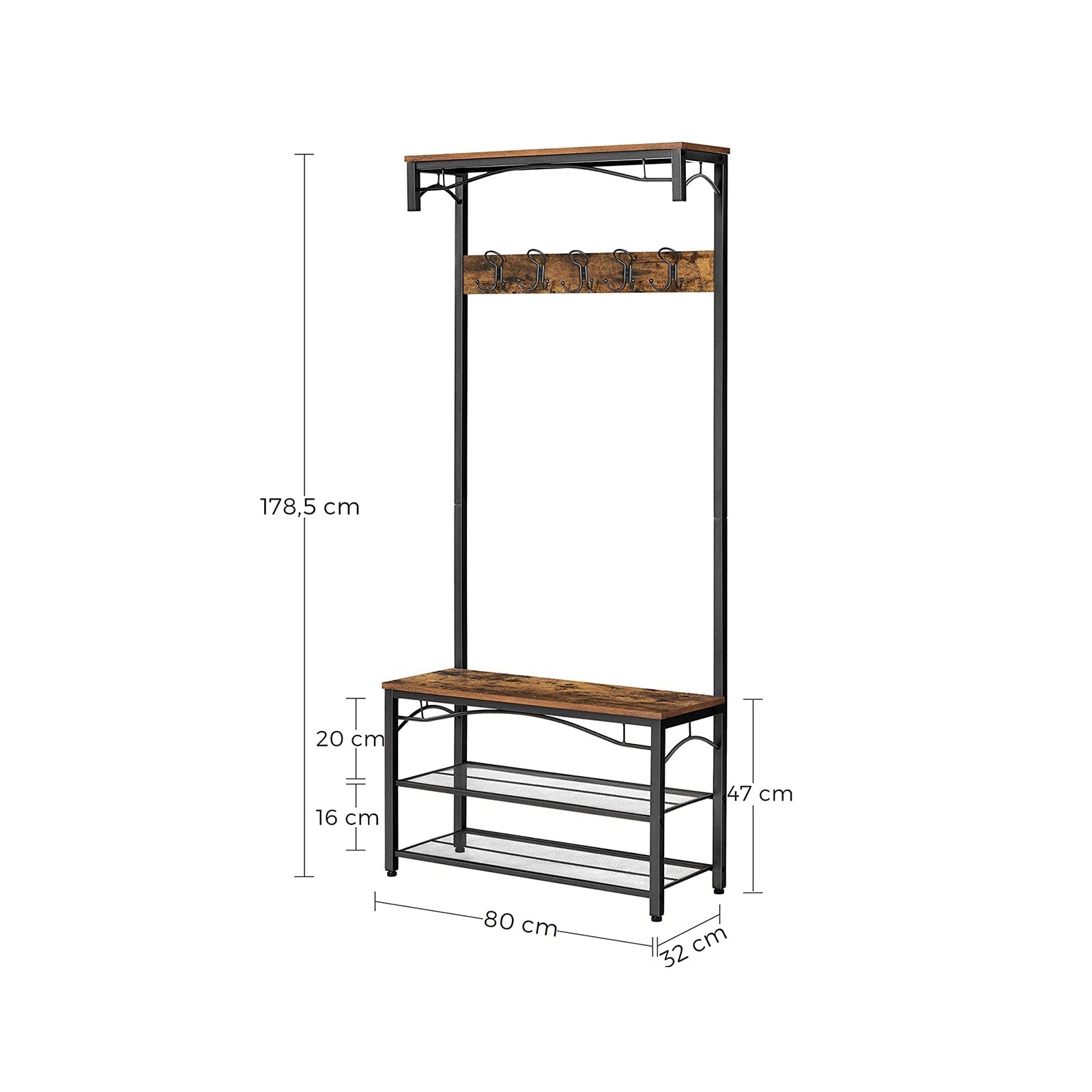 Coat Rack - Shoe Rack - Med Seat - 5 Löstagbara krokar - Industrial
