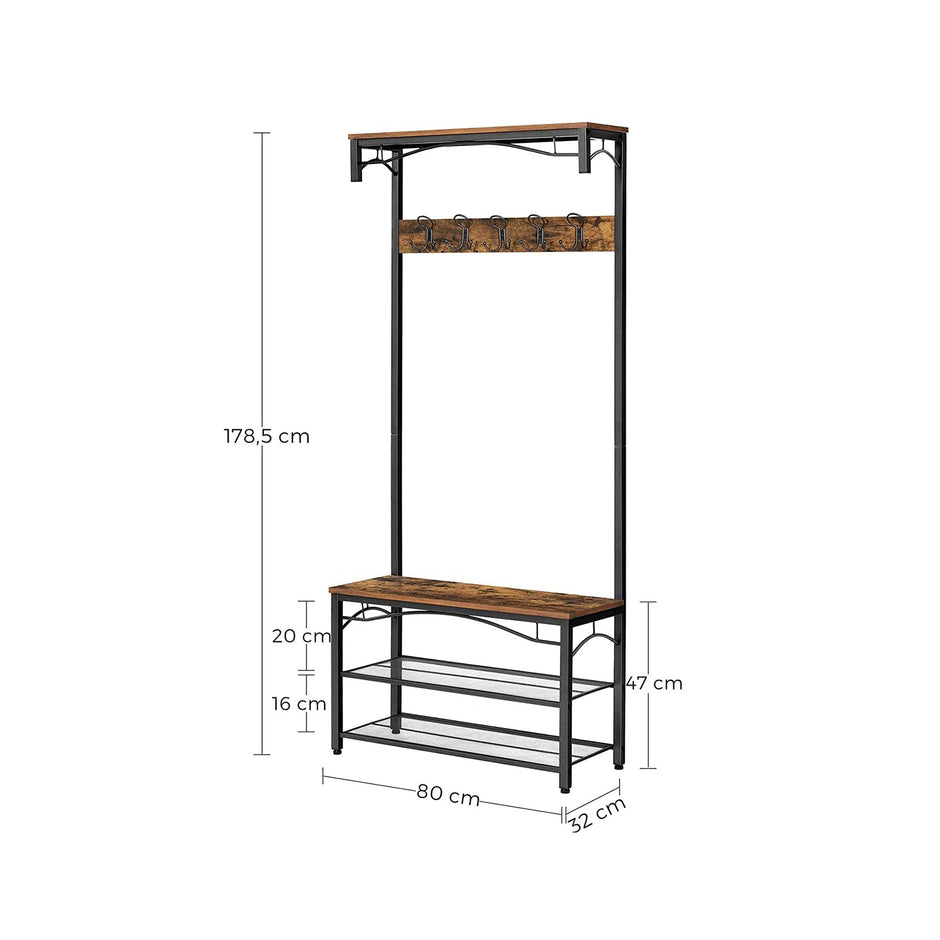 Klädhängare med sits och 5 krokar – industri – vintage brun, svart