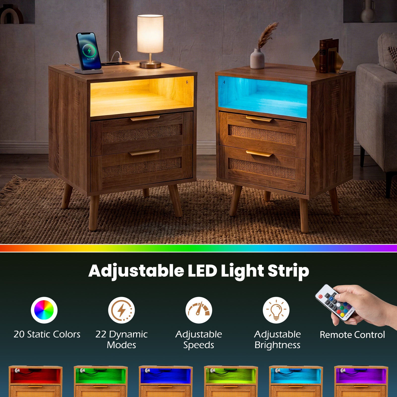 pack – nattduksbord med laddstation och LED lampor Nattkommod av trä lådor Sido rottingutseende – 2 2 – Natur