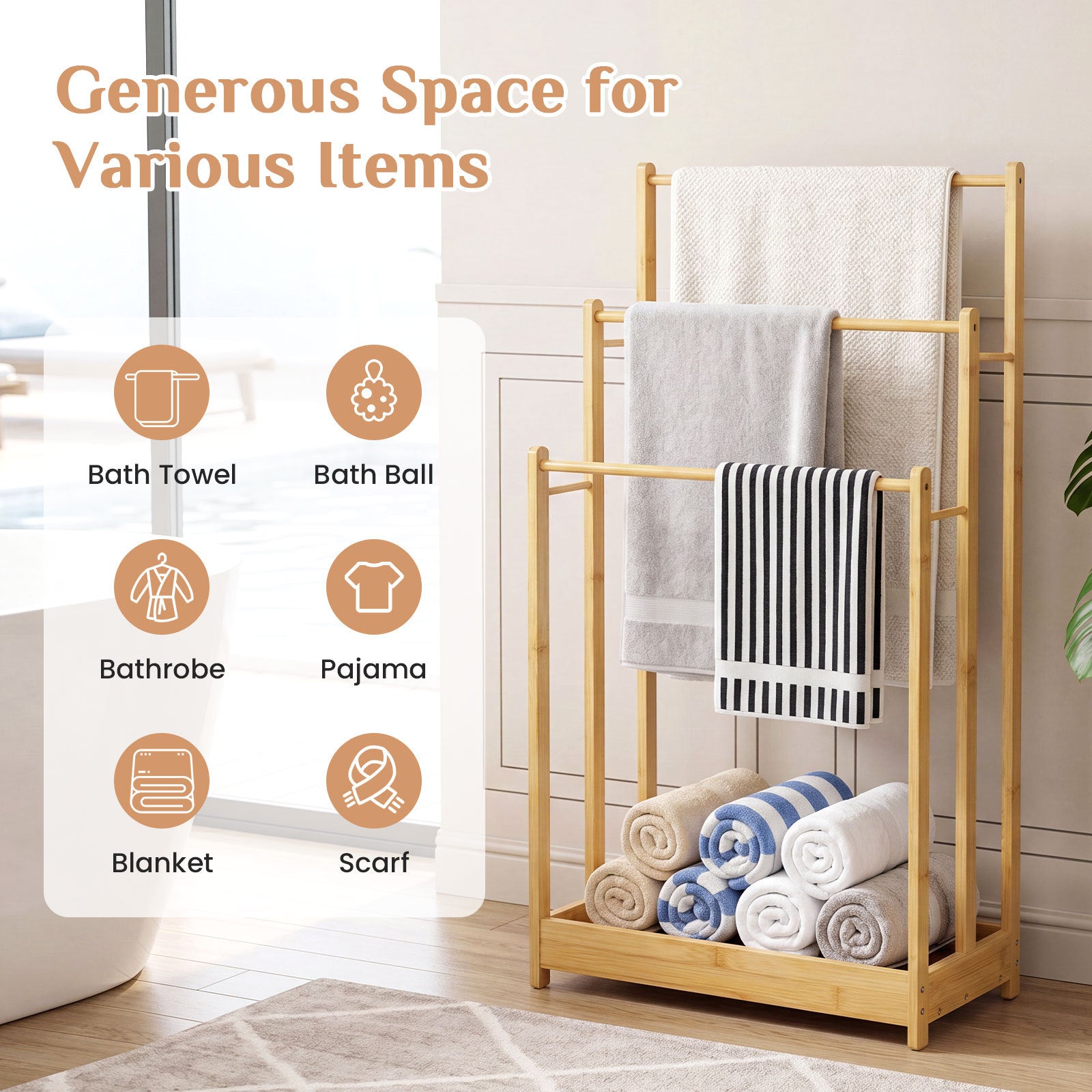 Handduksställ – i bambu, trappformad handduksstege – 45 x 22 x 86 cm