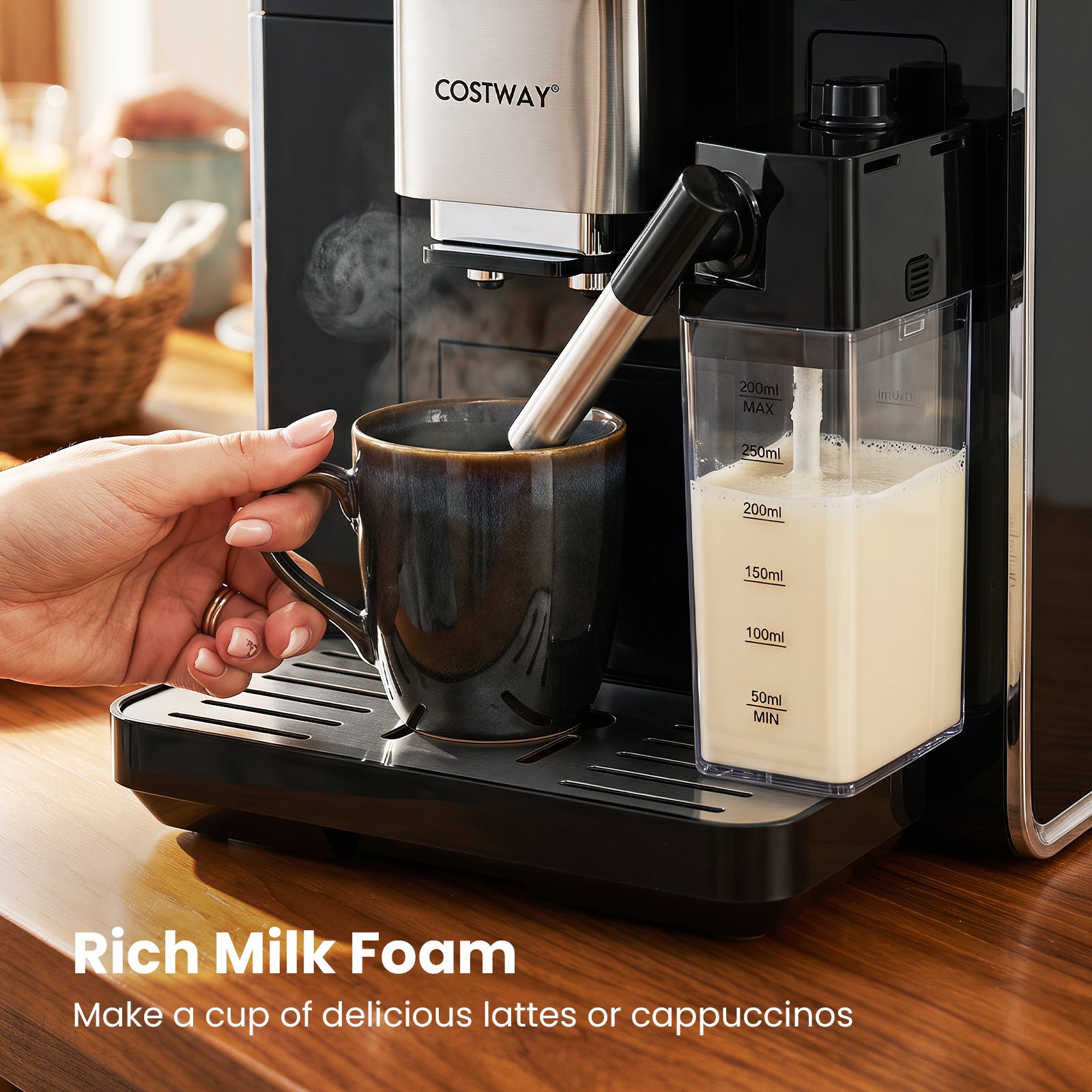 Helautomatisk – kaffemaskin med kvarn och mjölkbehållare, kaffebryggare rengöring