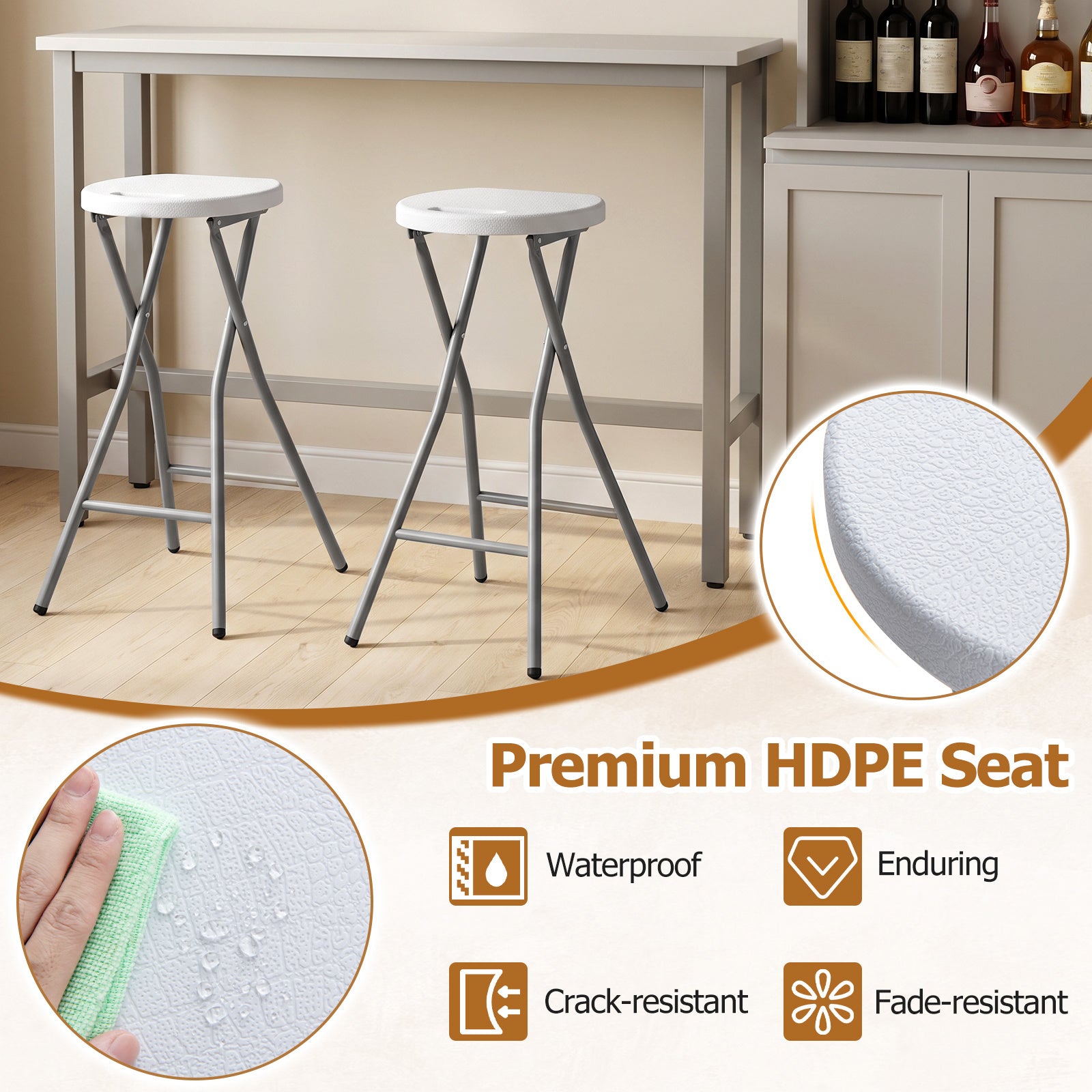 Hopfällbar – barstol med HDPE‑sits och inbyggt bärhandtag, max belastning – 150 kg