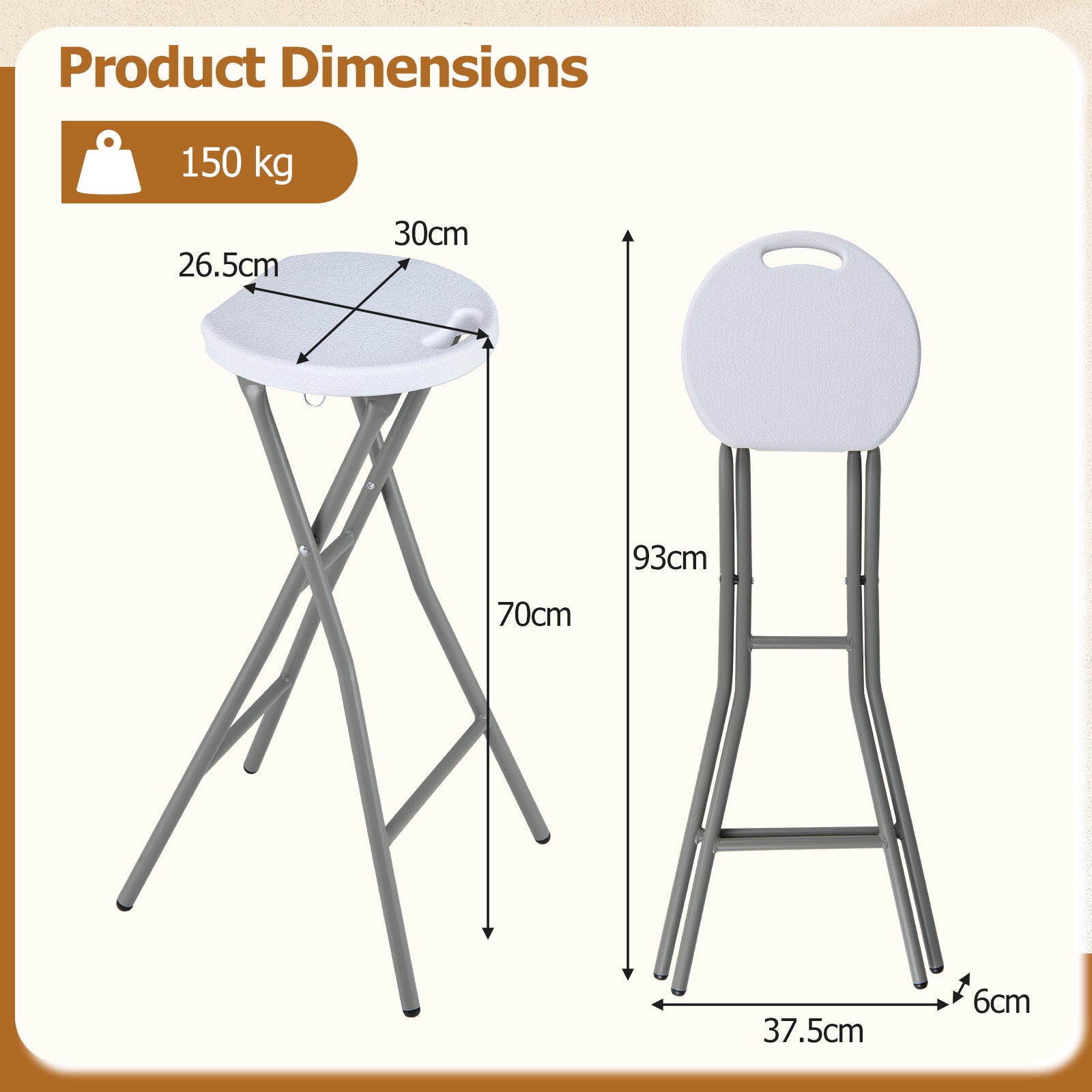 Hopfällbar – barstol med HDPE‑sits och inbyggt bärhandtag, max belastning – 150 kg