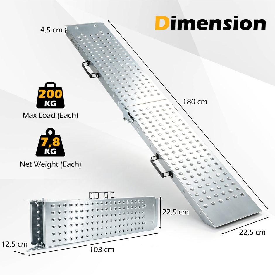 Hopfällbar – lätt lastramp i metall, stycken, som klarar upp till belastning – 2 400 kg 180 x 22,5 x 4,5 cm