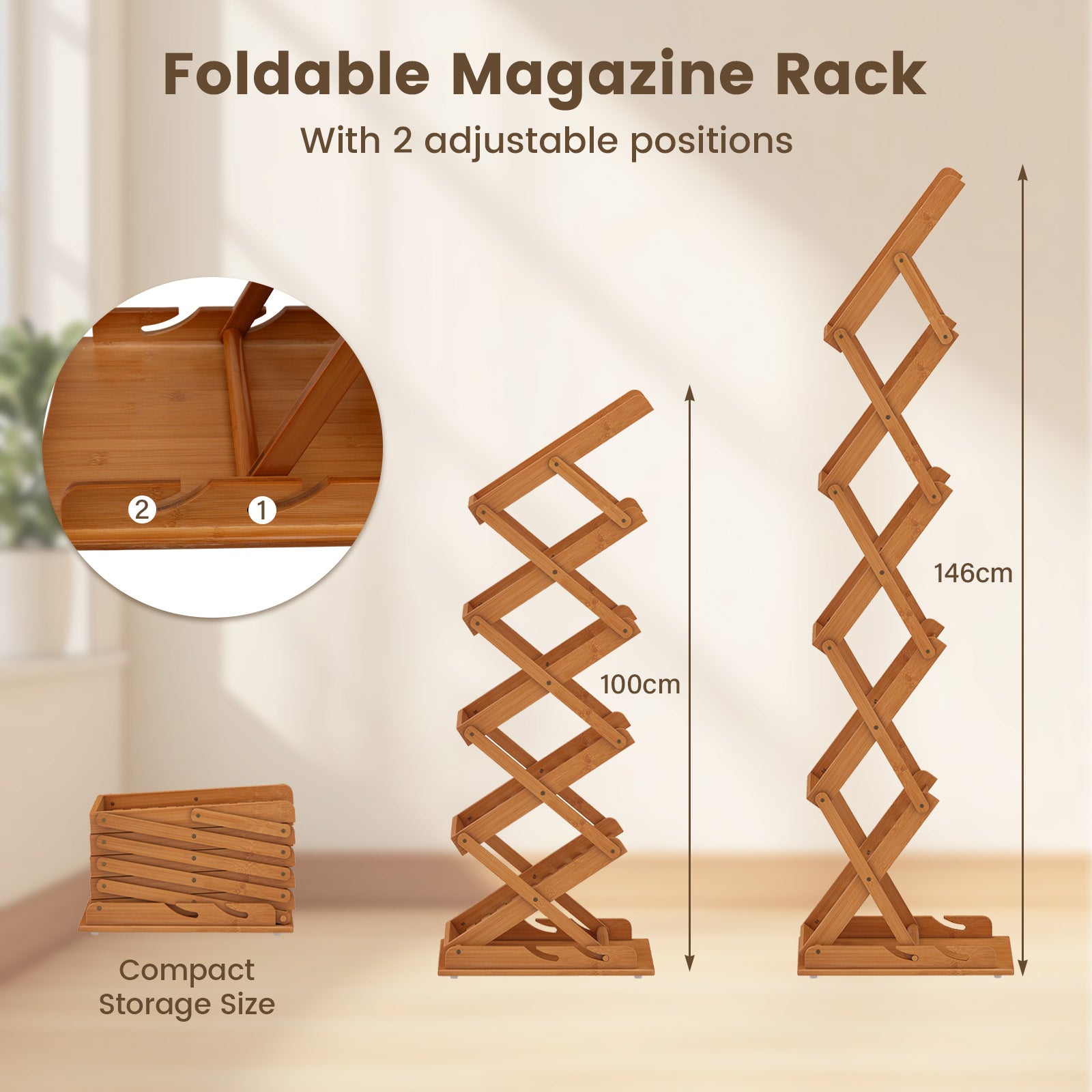 Hopfällbar – tidningsställ med fack tillverkat av bambu, cm, valnötfärgad – 5 40 x 35 x 146