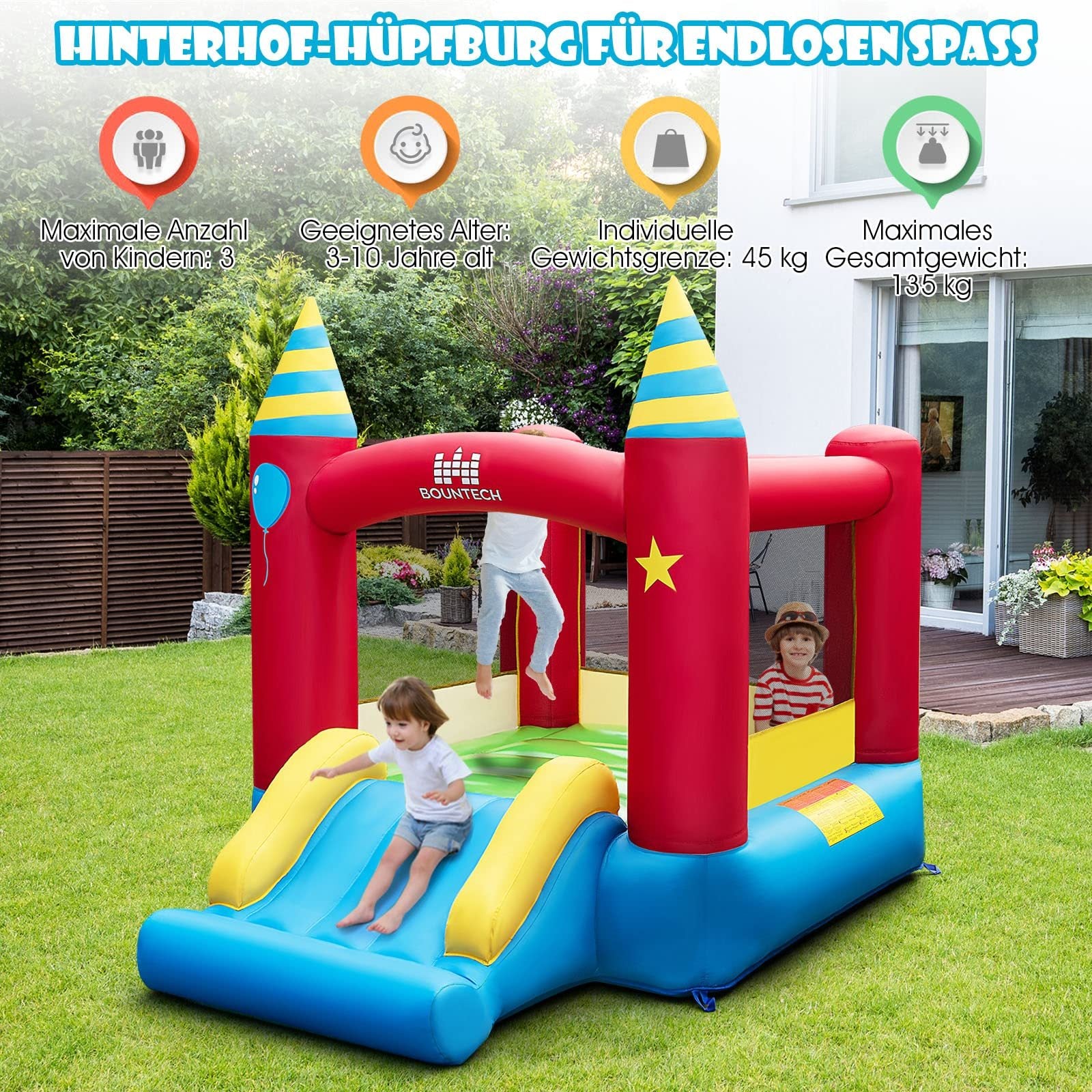 Hoppborg, – barnhopphus, bärbart lekparadis – 190 x 260 x 205 cm