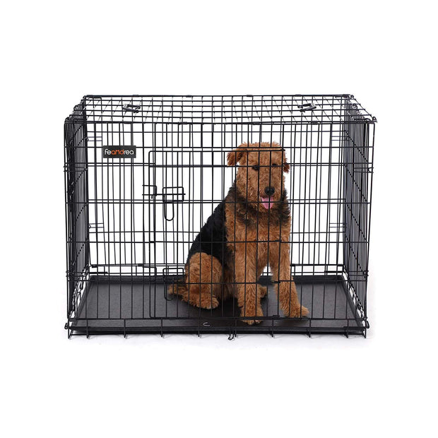 Hundbur – hopfällbar med 2 dörrar – svart