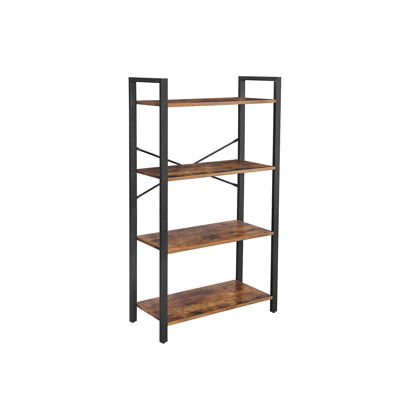 Bokhylla - 4 nivåer - förvaringsställ med stålram - 120 cm hög - brun/svart