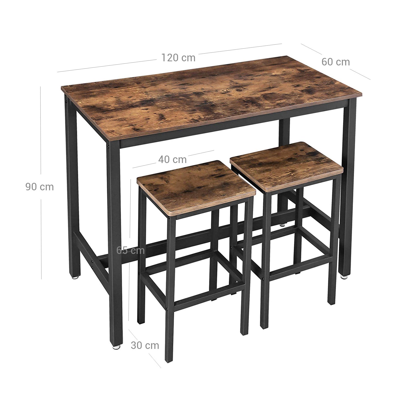 Barstabell - Set med 2 barstolar - Hög tabell - 120 x 60 x 90 cm - Vintage Brown/Black