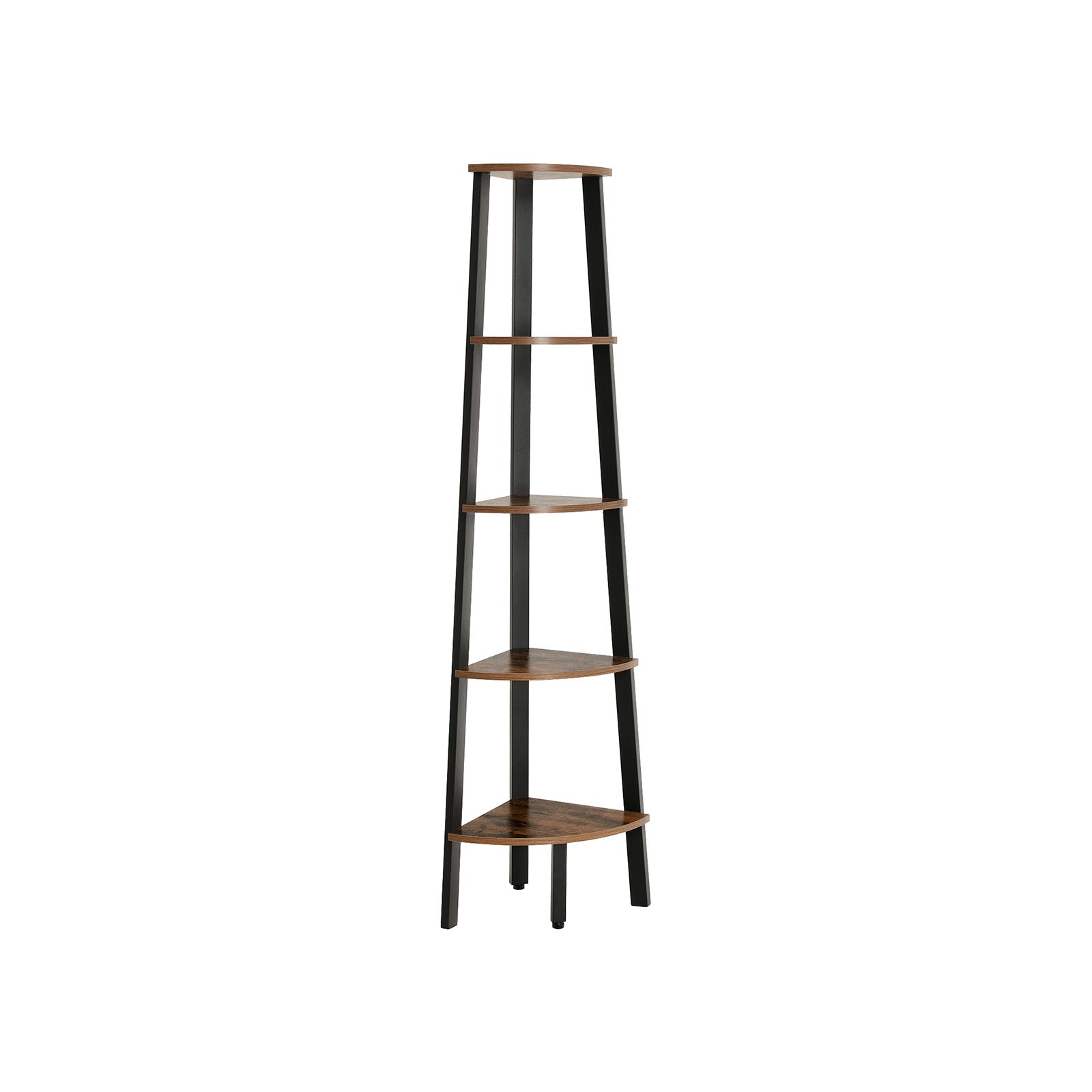 Hörnbokhylla – 5 hyllor – industri – vintage brun, svart