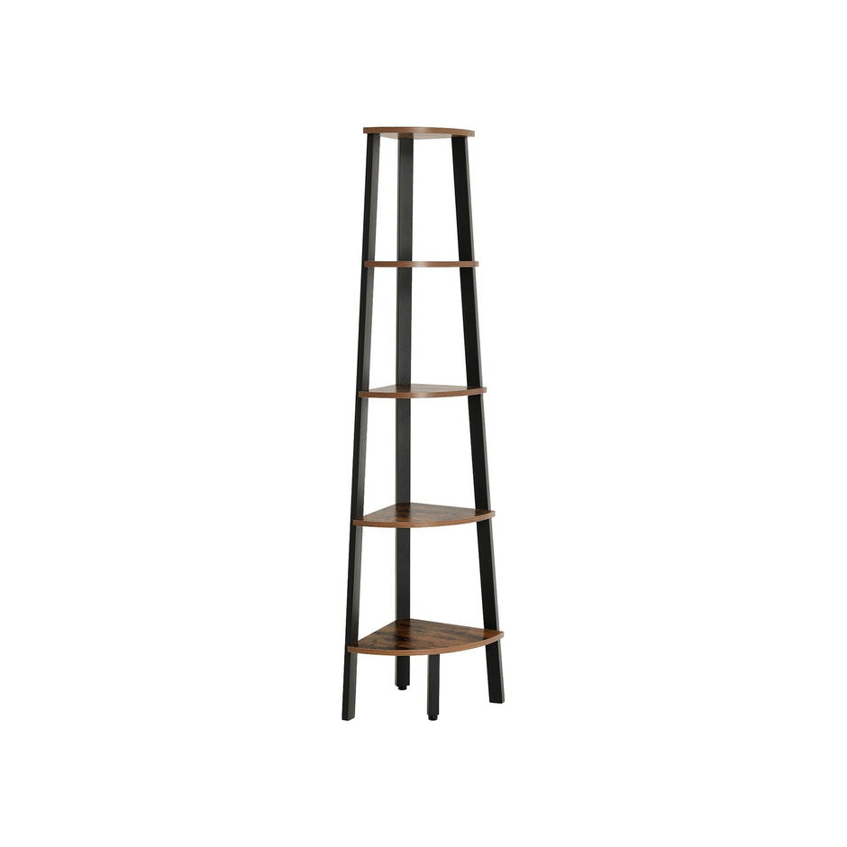 Hörnbokhylla – 5 hyllor – industri – vintage brun, svart