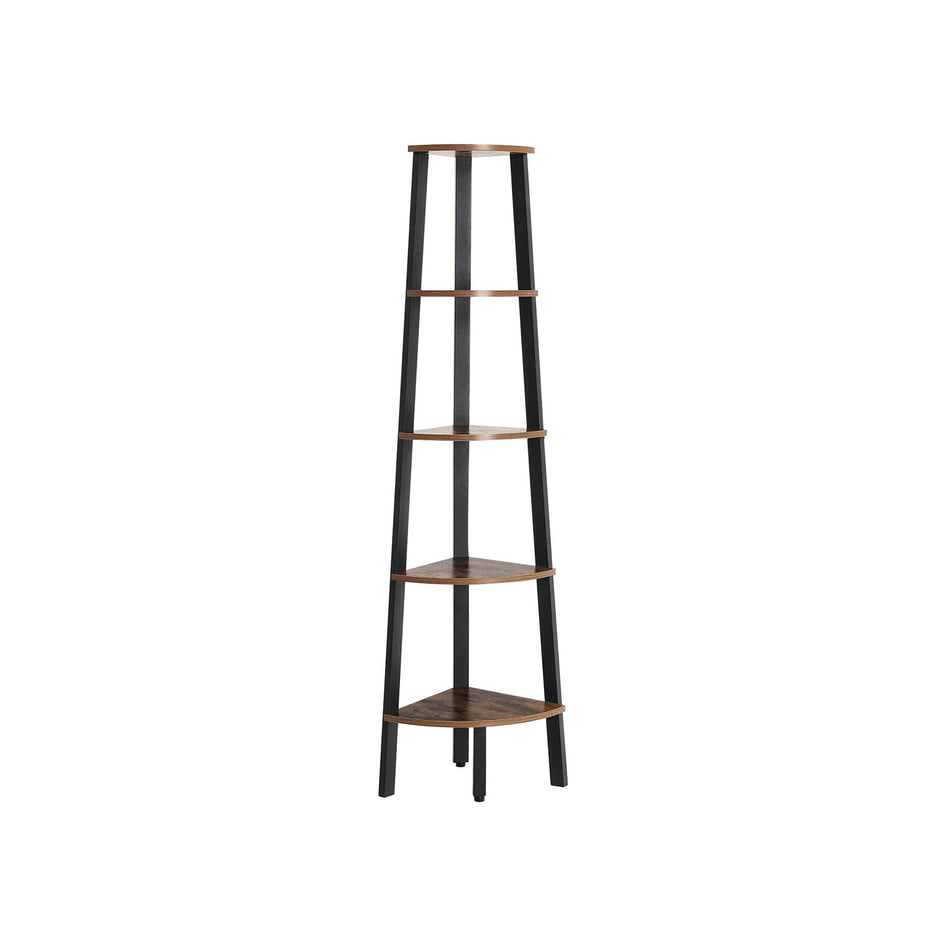 Hörnbokhylla – 5 hyllor – industri – vintage brun, svart