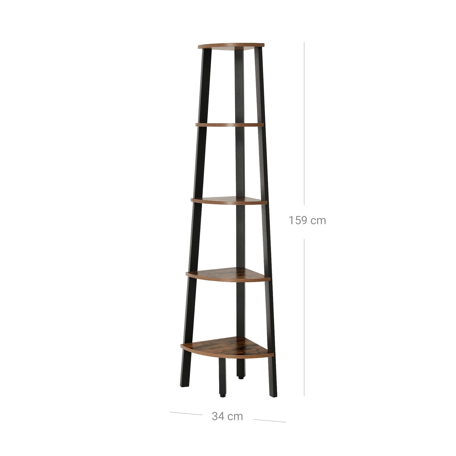 Hörnbokhylla – 5 hyllor – industri – vintage brun, svart
