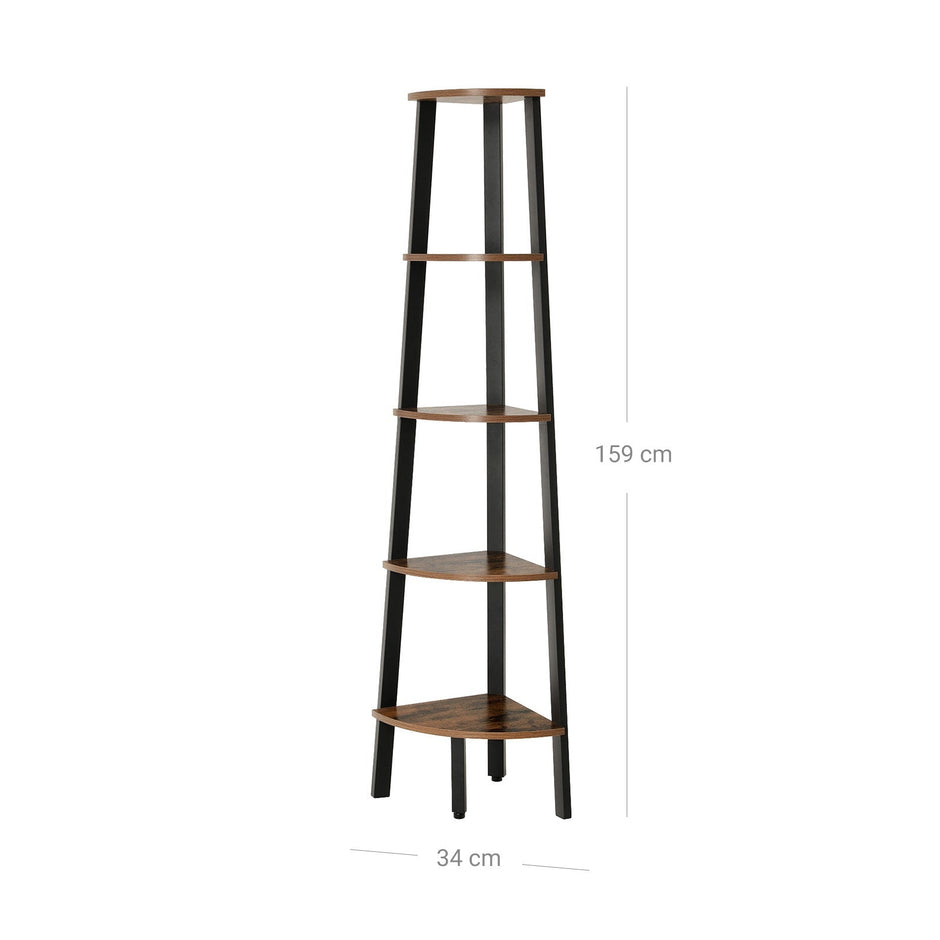 Hörnbokhylla – 5 hyllor – industri – vintage brun, svart