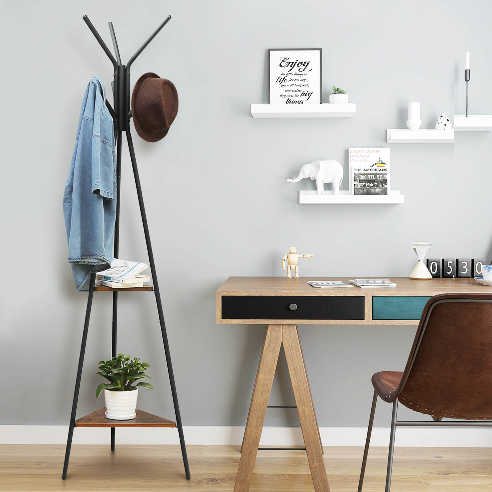 Pälsställ - Trädform - med 2 hyllor - Industriell design