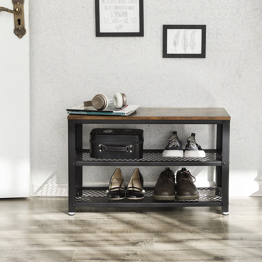 Skobänk – 2 hyllor – vintage brun/svart