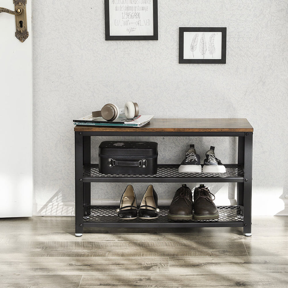 Skobänk – 2 hyllor – vintage brun/svart