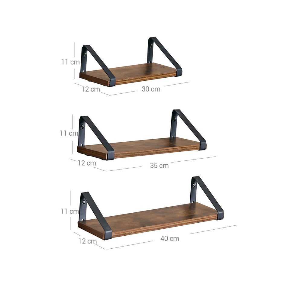 Vägghyllor set om 3 – Flytande design – Vintage brun-svart